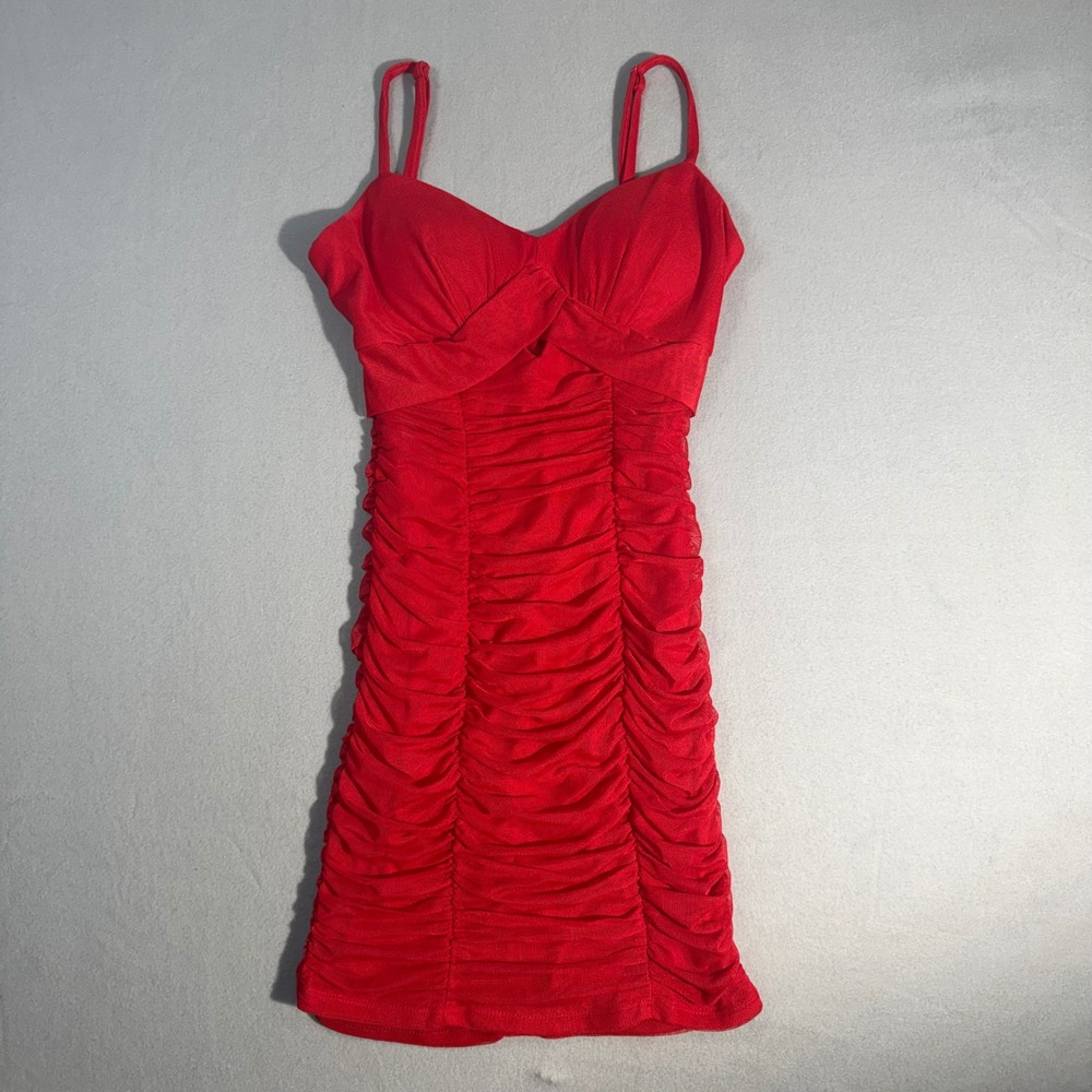 City Triangles Ruched Bodycon Dress Womens Small Red Y2K Party